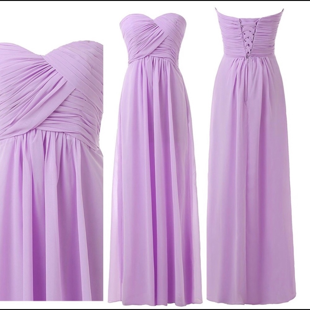 Long strapless lavender formal prom dress
